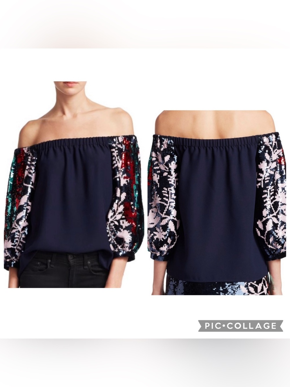 Tanya Taylor Sequin Vines Off Shoulder Blouse Navy Size 2 MSRP $595